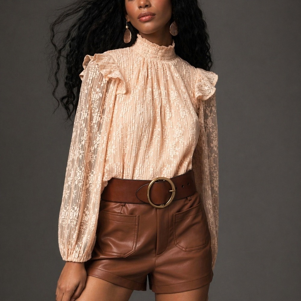 Anthropologie NEW Porridge Peach Lace Blouson Sleeve Top SZ Medium Coquette